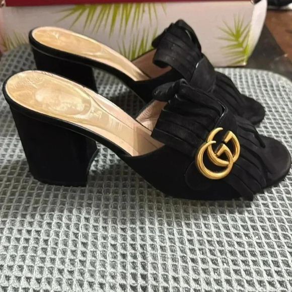 Gucci Black Suede GG Marmont Fringed Mules - Picture 2 of 6